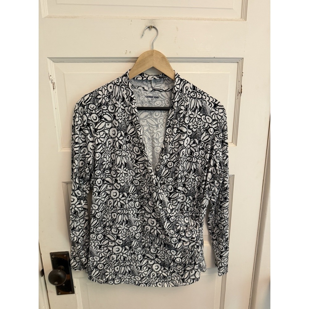 Lands'‎ End Women's Floral Faux Wrap Shirt Surplice Soft Stretch Size M (10-12)